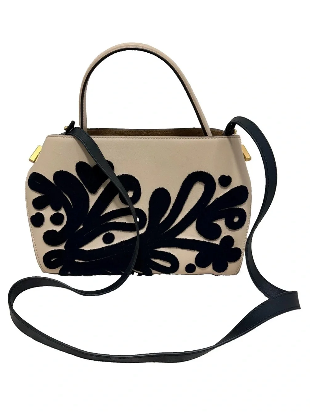 Oscar de la Renta Tan Satchel with Black Appliqué